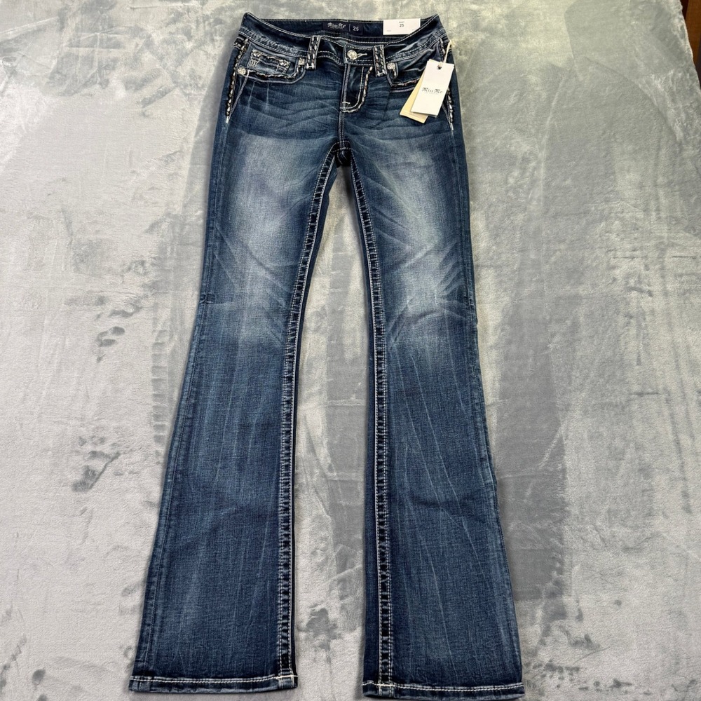 Miss Me Mid Rise Bootcut Jeans Dark Wash Embroidered Sequin Size 25x34 NEW